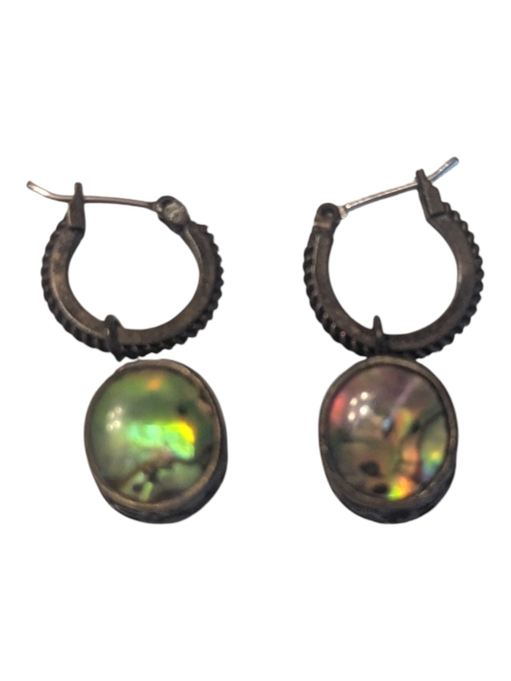 NWOT 80s Iridescent Abalone Shell Antique Bronze Tone Huggie Hoop Drop Earrings